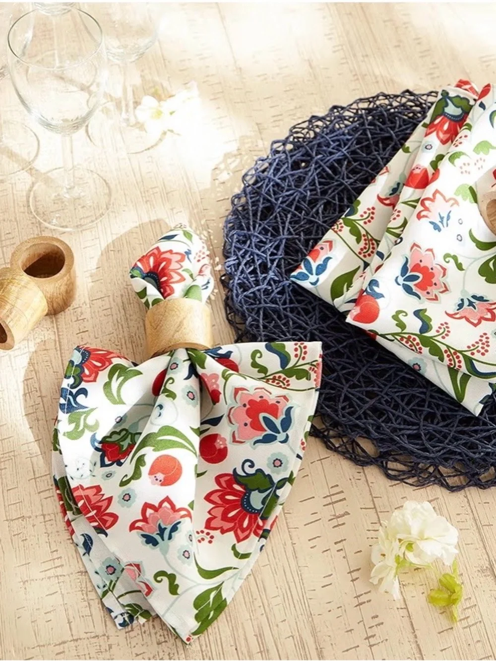 Floral Cotton Napkins - White with Red, Green & Blue Pattern